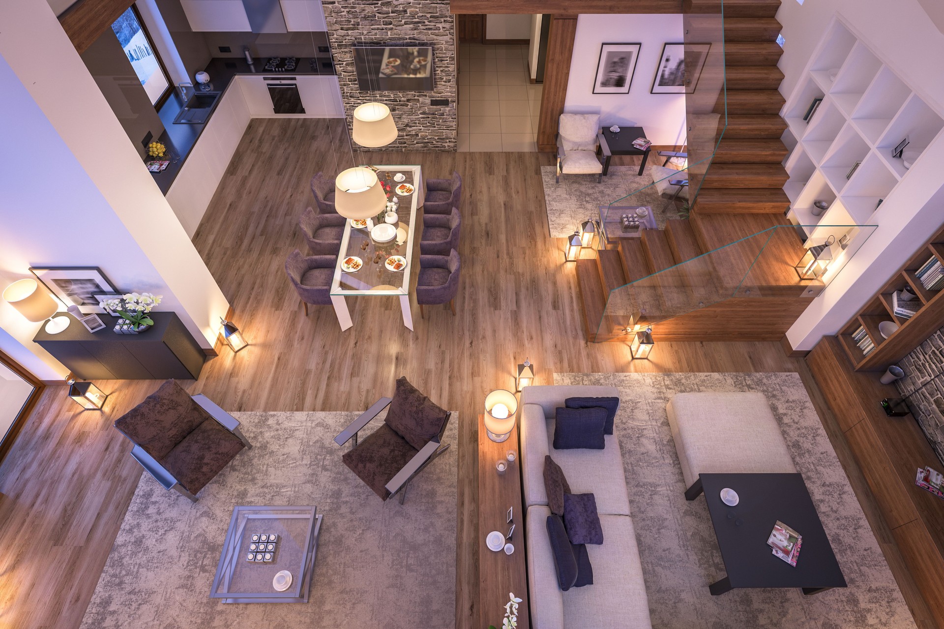 Representación en 3D de la sala de estar de noche del chalet